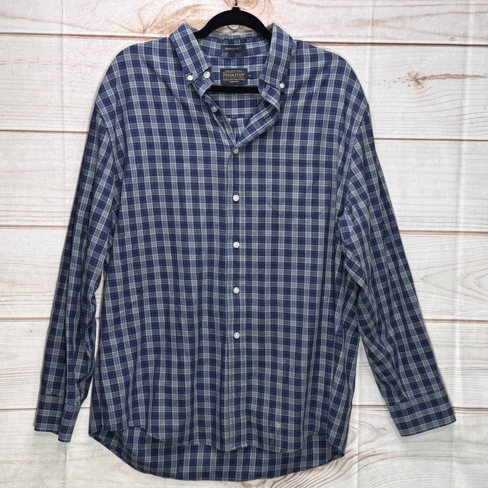Pendleton Bridgeport Mens XL Blue Plaid Button Down Cotton Shirt Long Sleeve‎